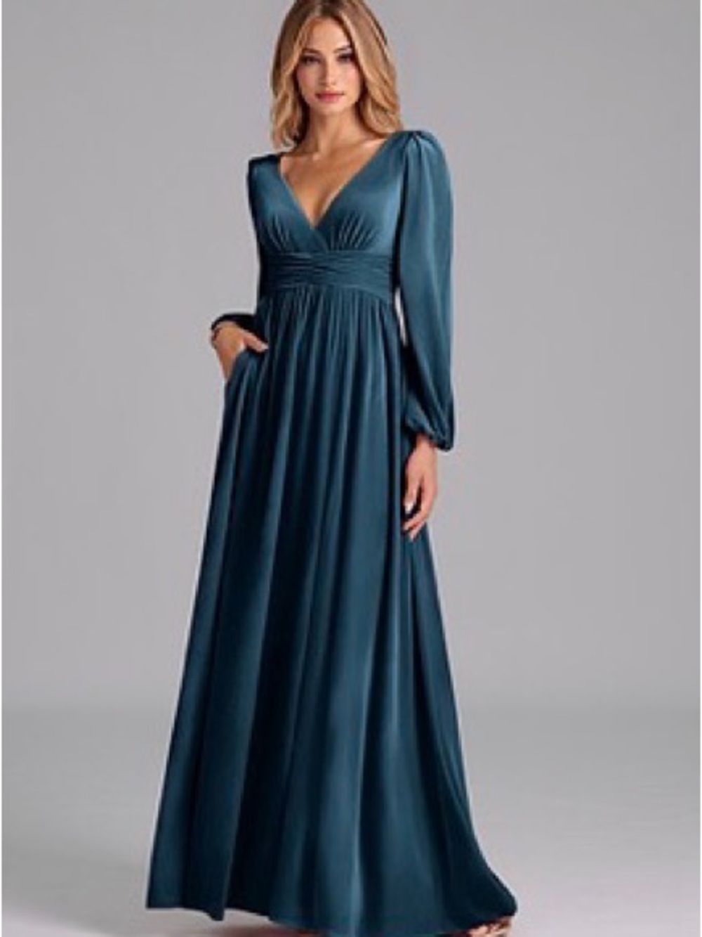Azazie Deep Teal Long-Sleeve V-Neck Maxi Dress